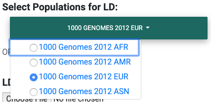Dropdown of available 1000 Genomes (phase 1, release 3) populations for LD computation